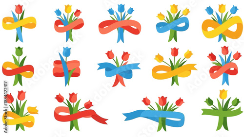 Vector illustrations of colorful tulip bouquets with ribbons and bows