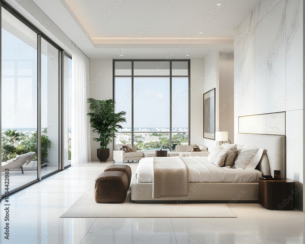 Fototapeta premium Spacious suite with floortoceiling windows, marble accents, and a private jacuzzi, suite with jacuzzi, luxurious, upscale