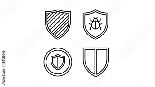 Shield Icons Set in Simple Line Art Style with Black and White Color Scheme on White Background for Security and Protection Use Cases