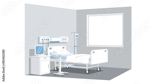 Modern hospital room with medical equipment and empty patient bed