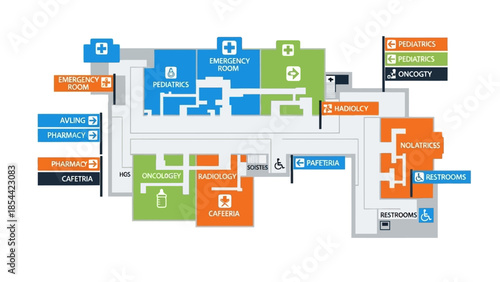 Colorful hospital floor plan map with department labels