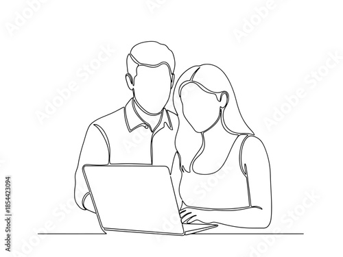 Rendered in a fluid continuous line style, this minimalist illustration shows a faceless couple closely focused on a laptop, symbolizing modern digital collaboration and shared attention