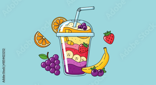 Vibrant Fruit Smoothie Cup with Assorted Fresh Fruits and Oranges on a Light Blue Background