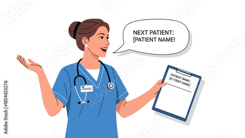 Smiling nurse calling next patient with clipboard in hand