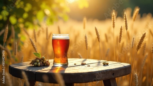 Golden Hour Pint A Refreshing Beverage in a Rustic Setting with Wheat Field Backdrop