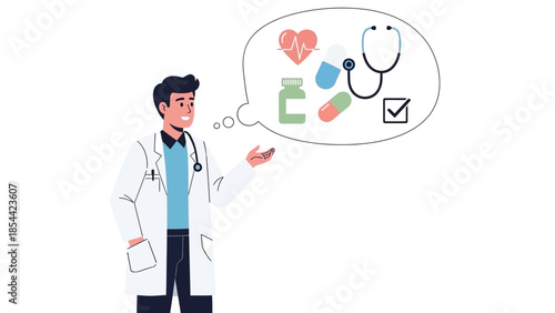Smiling doctor with medical icons in thought bubble on white background