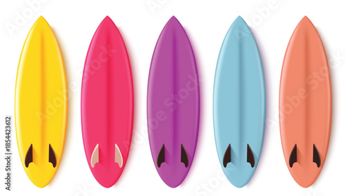 Isolated Colorful Surfboard Set with 3D Yellow, Pink, Purple, Blue, and Orange Summer Surf Boards
