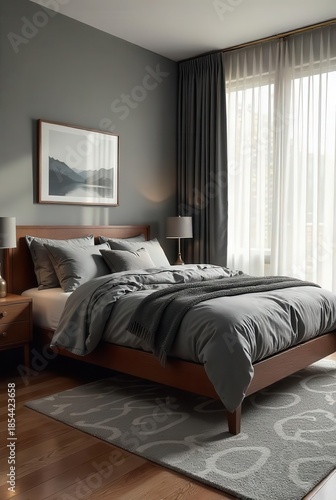 Serene Bedroom Interior Design Featuring a Modern Wooden Bed, Gray Bedding, and Abstract Area Rug