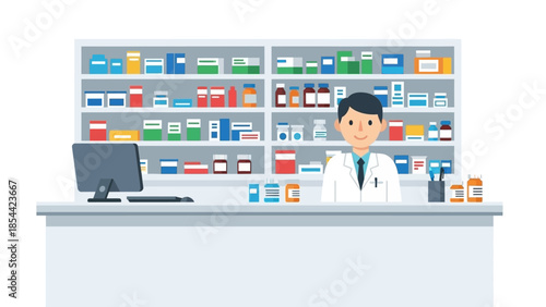 Pharmacist in a pharmacy with shelves of medicine and computer