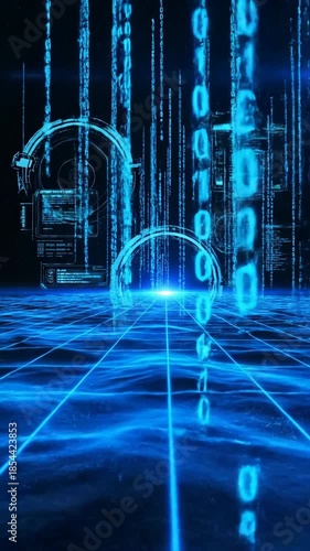 Futuristic Digital Grid with Blue Neon Lines and Flowing Binary Code Data Stream