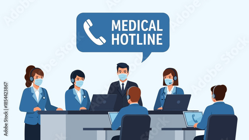 Medical hotline team working in office with laptops and headsets