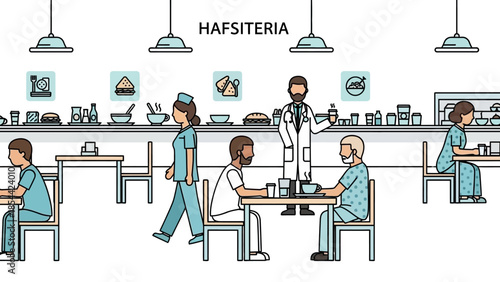Healthcare professionals and patients dining in a hospital cafeteria