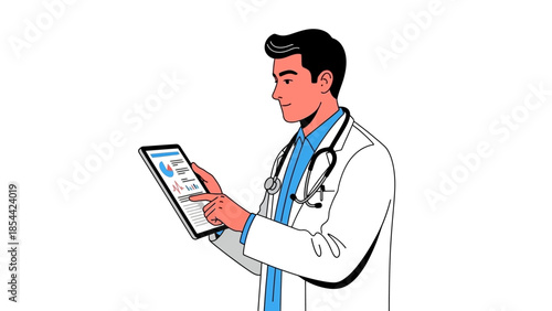 Doctor using digital tablet with medical charts and stethoscope