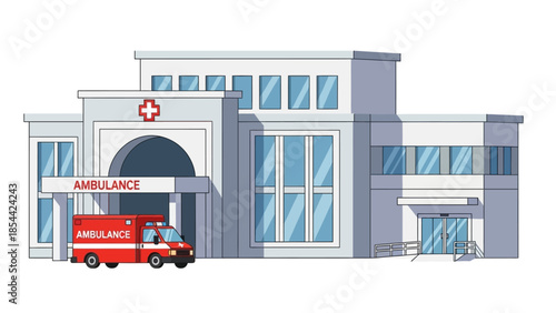 Modern hospital building exterior with ambulance parked outside
