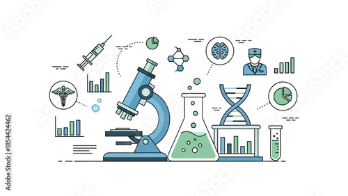 Scientific research equipment and icons in flat vector illustration
