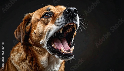 Close-up of a brown dog barking aggressively with its mouth open, teeth bared, and fur in detail against a dark background