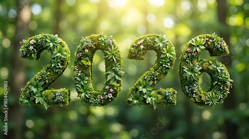 The year 2026 formed from green foliage and plants in a forest setting