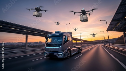 Autonomous truck driving on highway with delivery drones flying overhead at sunset