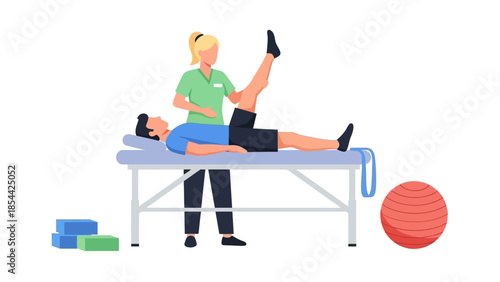 Physical therapist assisting patient with leg exercise on therapy table