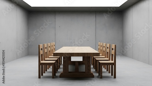 Wallpaper Mural Empty square room with Long wooden table with wooden chairs standing. Torontodigital.ca