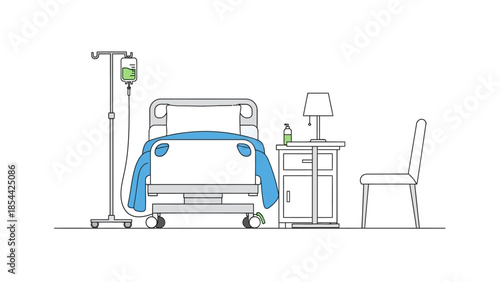 Minimalist hospital room illustration with bed, IV stand, and furniture