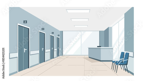Modern hospital corridor with reception desk and numbered doors
