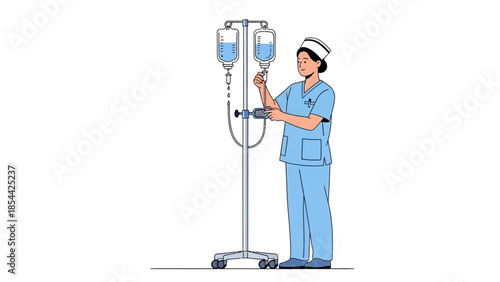 Nurse Adjusting IV Drip in Hospital Setting Illustration