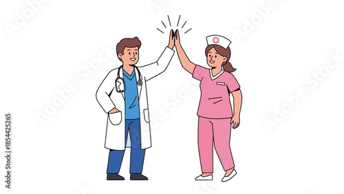 Doctor and nurse high-fiving in teamwork celebration illustration