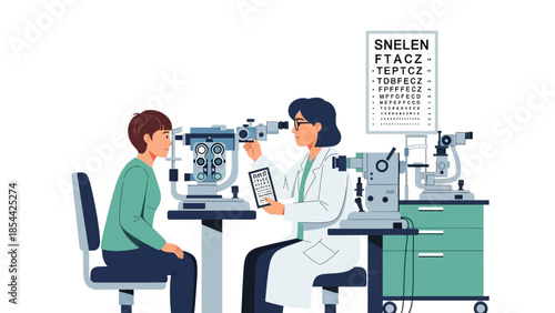 Optometrist conducting eye exam with patient in modern clinic