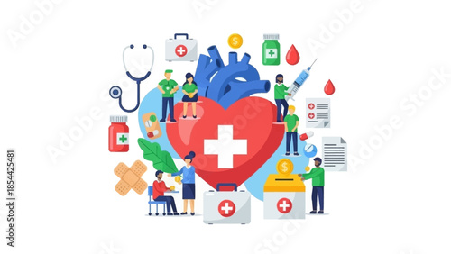 Healthcare concept with medical icons and professionals in flat design