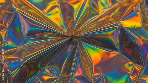 Abstract iridescent crystal structure with vibrant colors and geometric patterns