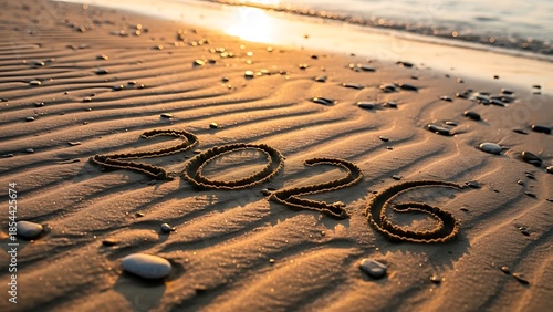 Numbers 2026 written in sand on a beach at sunset with ripples and pebbles