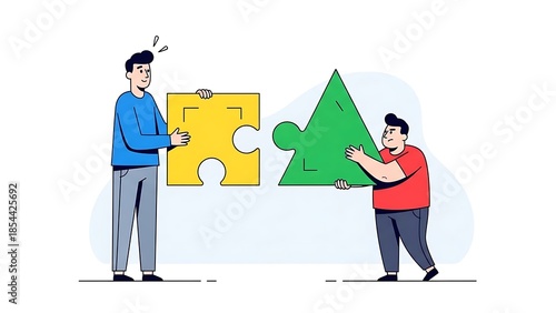 Two men assembling puzzle pieces together.