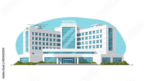 Modern hospital building exterior with helicopter landing pad