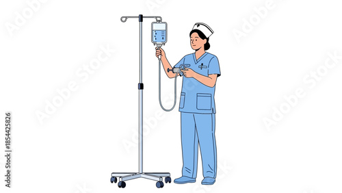 Nurse Adjusting IV Drip in Hospital Setting Vector Illustration