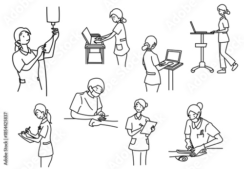 看護師が医療現場でさまざまな業務を行う様子を線画で表現したイラストセット｜記録や点滴や処置など看護業務を分かりやすくまとめたシンプルな医療シーン集