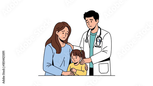 Concerned doctor comforting mother and child in medical consultation