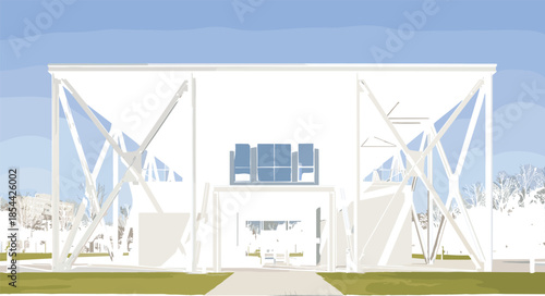 Modern architectural structure, geometric white beams, symmetrical design, glass facade, outdoor pavilion, contemporary engineering, minimal architecture, blue sky background