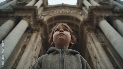 Child gazing at architectural structure