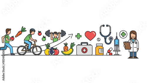 Healthy lifestyle concept with fitness, nutrition, and medical elements