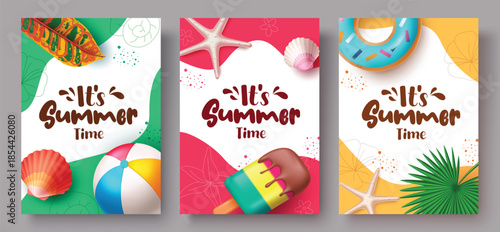 It's Summer Time Vertical Poster Set with 3D Beach Elements, Tropical Leaves, and Colorful Backgrounds