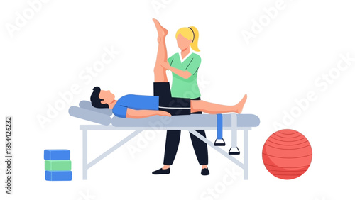 Physiotherapist assisting patient with leg exercise on therapy table