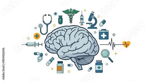 Medical illustration of human brain with healthcare symbols and icons