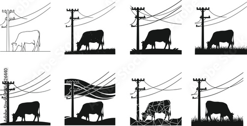 Rural cow grazing near electric poles silhouettes set, countryside livestock and power lines, black and white vector illustration collection