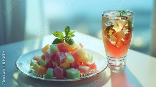 Colorful fruit salad and iced tea