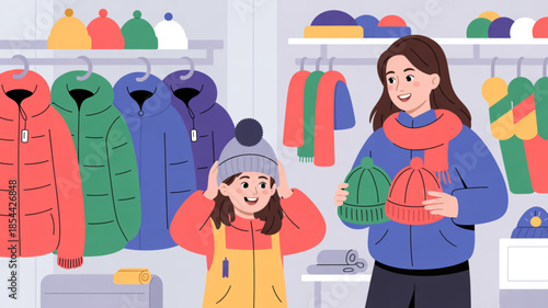 A joyful mother and daughter choosing colorful hats and warm jackets for winter