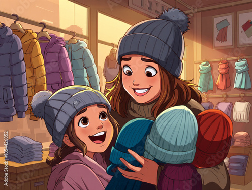 Mother and daughter enjoying a heartwarming shopping trip for new winter hats