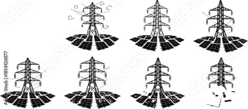 Transmission tower collapse sequence, infrastructure failure, structural damage, engineering breakdown, power grid risk, utility pole disassembly, industrial decay, disaster illustration