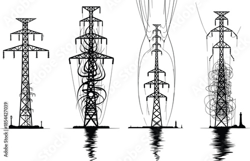 Transmission tower energy field illustration, electromagnetic visualization, power grid concept, high voltage structure, artistic infrastructure, black and white symmetry