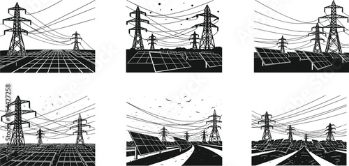 Transmission tower landscape, solar panel integration, power grid infrastructure, high voltage lines, rural energy scene, silhouette illustration, modern utility design